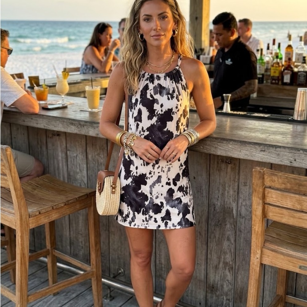 🇺🇸Sew In Love Black & White Cow-Print Halter Mini Dress🇺🇸